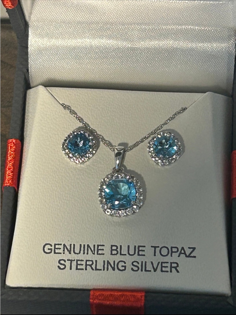 Source Unknown Sterling Silver Blue Topaz Necklace and Stud Earring Set